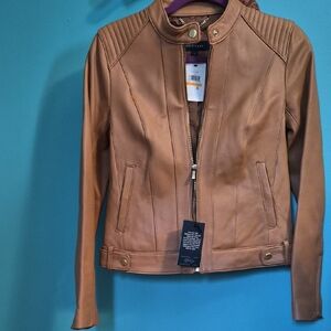 NWT Cole Haan Women's Brown Genuine  Leather Jacket PTP 19", Lenth 21"